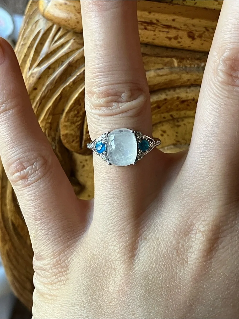 Natural Rainbow Moonstone Blue Apatite Sterling Silver Ring Size 6.75